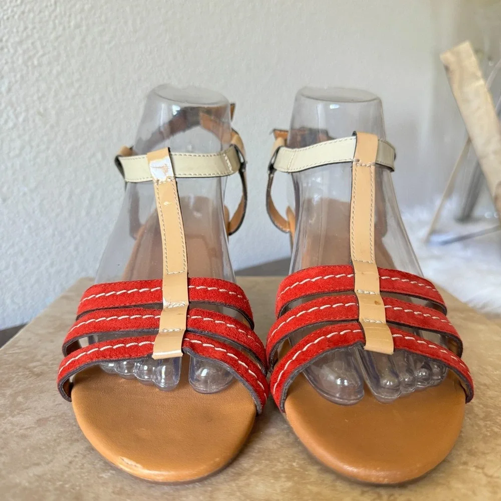 Paul Green Sandals Womens UK 6 US 8.5 T Strap Genuine Leather Strappy Wedge Red